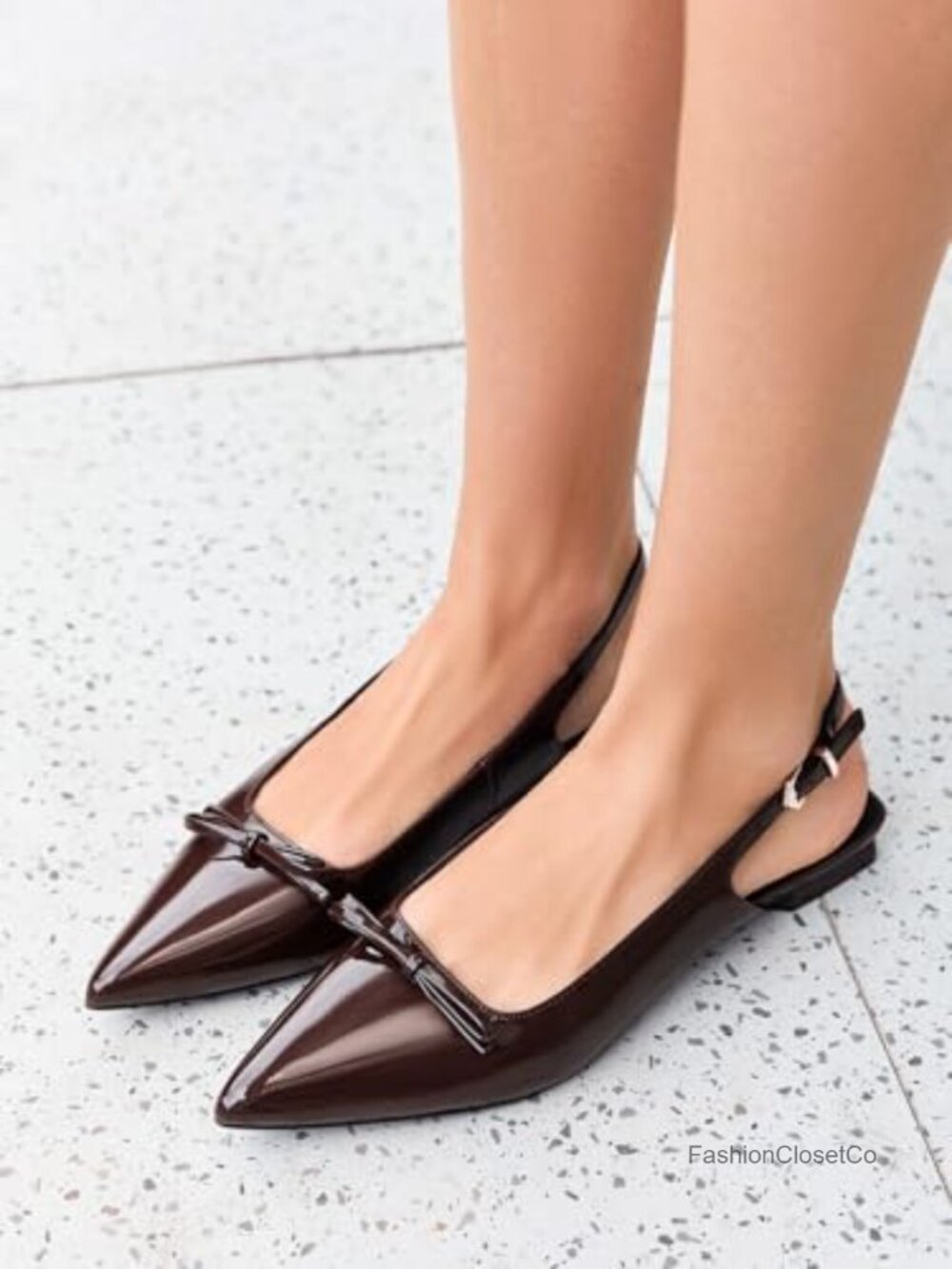 Women's Slingback Flats Pointed Toe Bow Low Heel Ballet Work Shoes Faux Leather - Picture 2 of 5